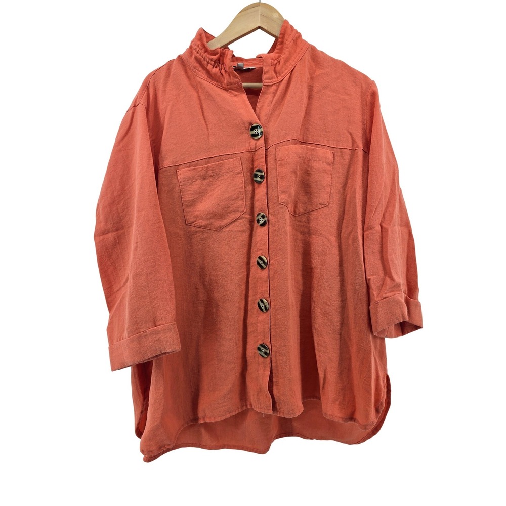John Mark Button Front Shirt Womens 0X Orange Ruffle Neck 3/4 Sleeve High-Low